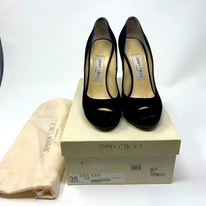 Jimmy Choi open toe black suede pump